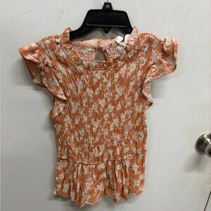 Mine Orange Smocked Ruffled Cap Sleeve Blouse